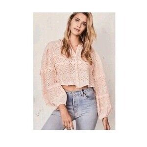 LoveShackFancy Lola Top Embroidered Eyelet Long Sleeve Pink Floral M Flirty